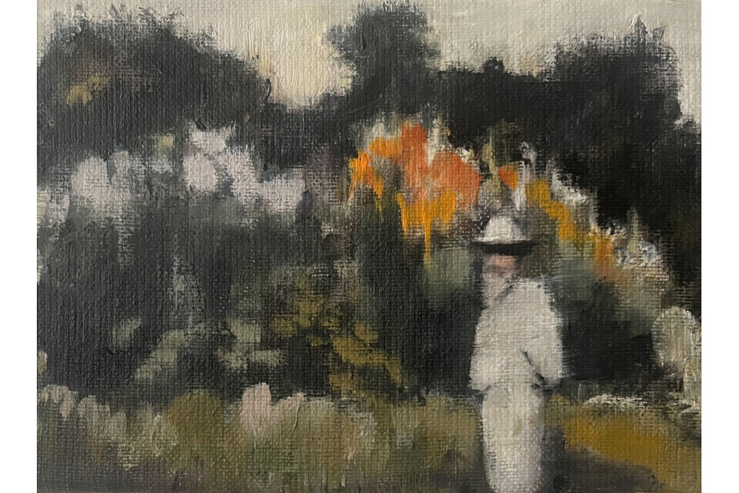 "The Painter in His Garden" oil paint on linen 13x18cm 2024