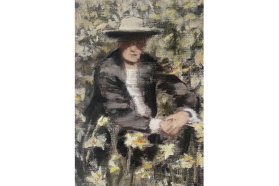 "Figure between Daffodils" oil paint on linen 13x18cm 2024